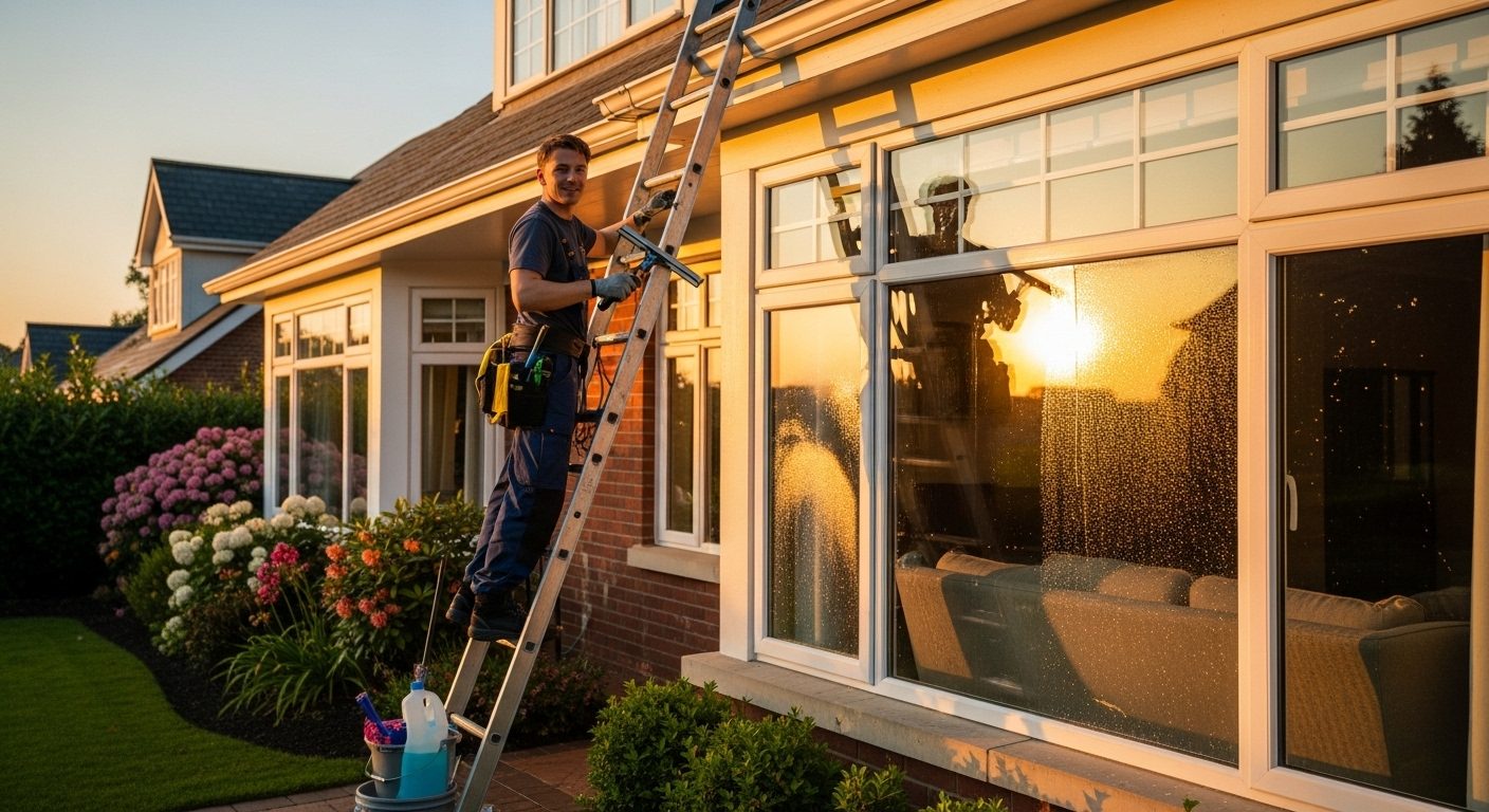 residential window washing service ladder sunset